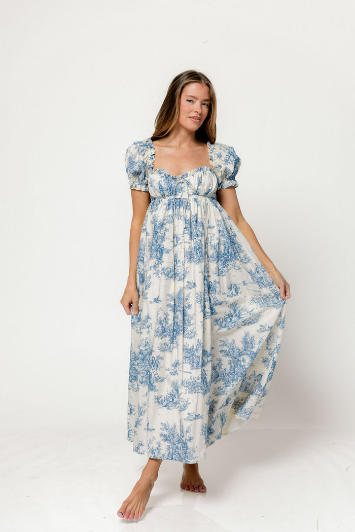 Olivia 100% Cotton Maxi Dress in Blue Toile - Bump Friendly