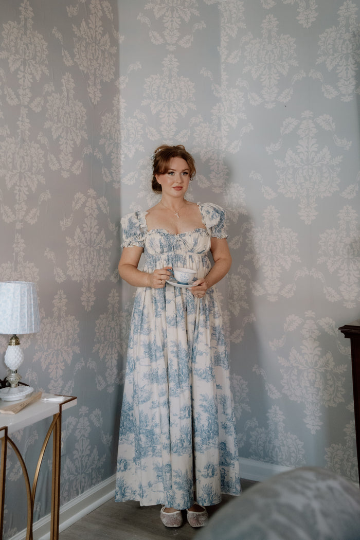 Olivia 100% Cotton Maxi Dress in Blue Toile - Bump Friendly