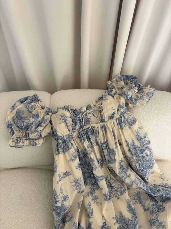 Olivia 100% Cotton Maxi Dress in Blue Toile - Bump Friendly
