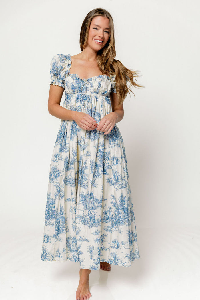 Olivia 100% Cotton Maxi Dress in Blue Toile - Bump Friendly