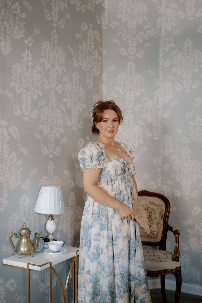 Olivia 100% Cotton Maxi Dress in Blue Toile - Bump Friendly