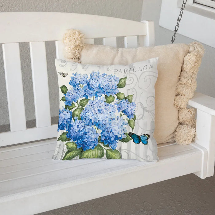 Papillon Hydrangea Blue Outdoor Decorative Pillow