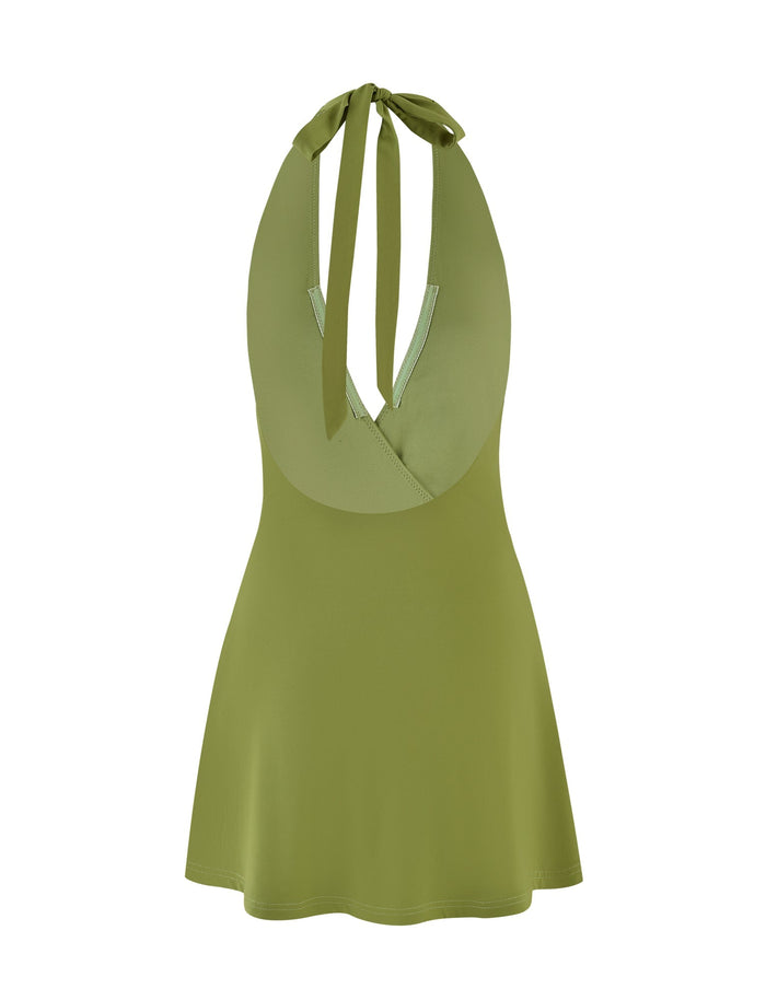 The PARRIS DRESS - GREEN by TIGERMIST showcases a deep V-neckline and twist detailing in an olive green halter neck design. It features a tie closure at the back, with a fitted top and flared skirt for an elegant look.
