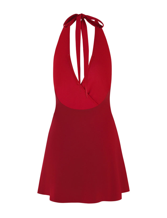 The PARRIS DRESS - RED by TIGERMIST is a sleeveless halter-neck dress featuring a deep V neckline and an A-line skirt, shown against a plain white background.