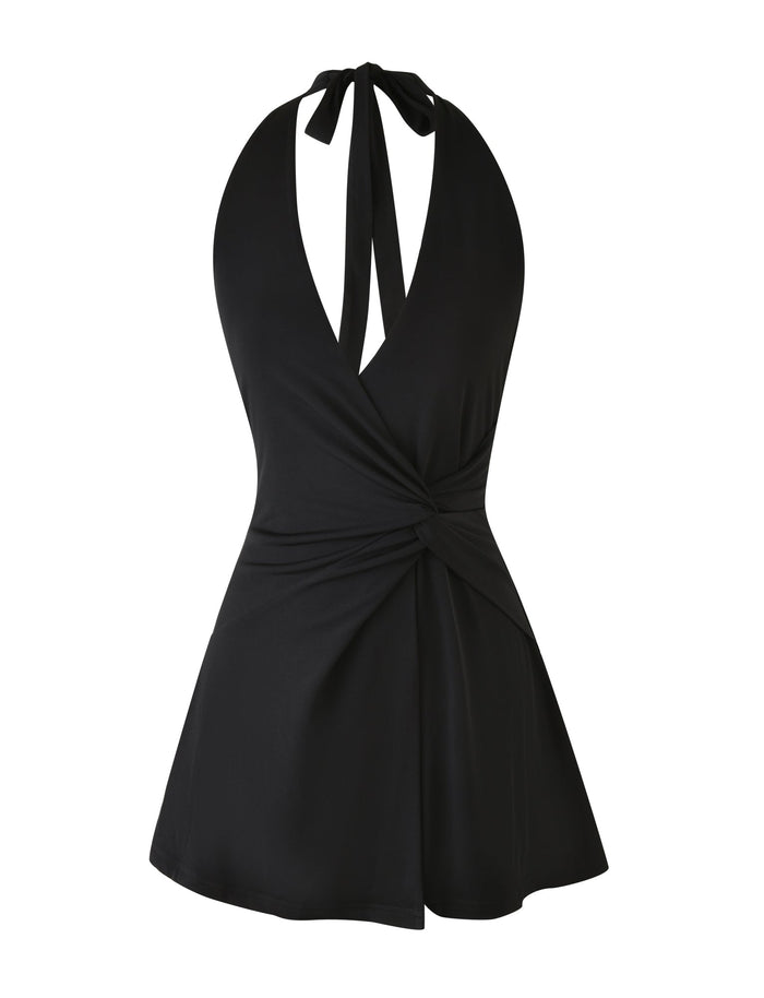 Introducing the PARRIS MINI DRESS by TIGERMIST, a black halter neck creation featuring a deep V-neckline and knot detail at the waist, elegantly mimicking a sleek mini dress. This piece showcases a smooth fabric finish with ties that fasten gracefully at the back of the neck.