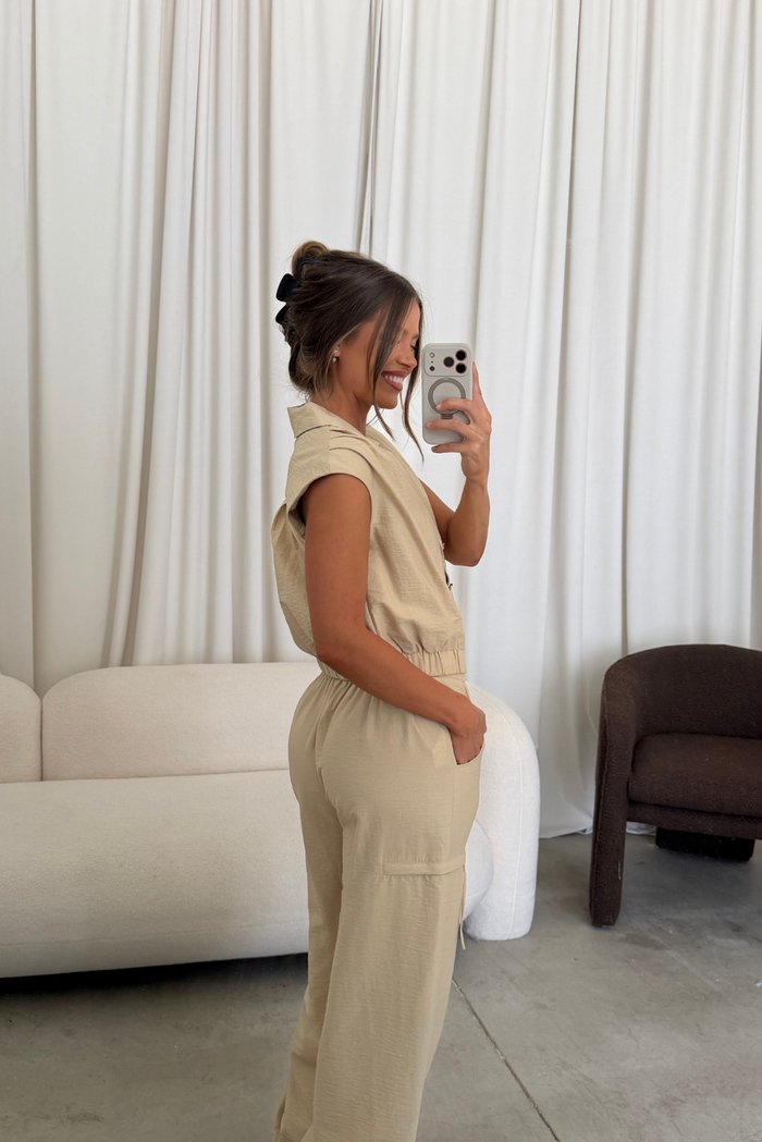 Paulette Sleeveless Crop Tailor Jacket and Cargo Balloon Pants Set in Beige *Final Sale*