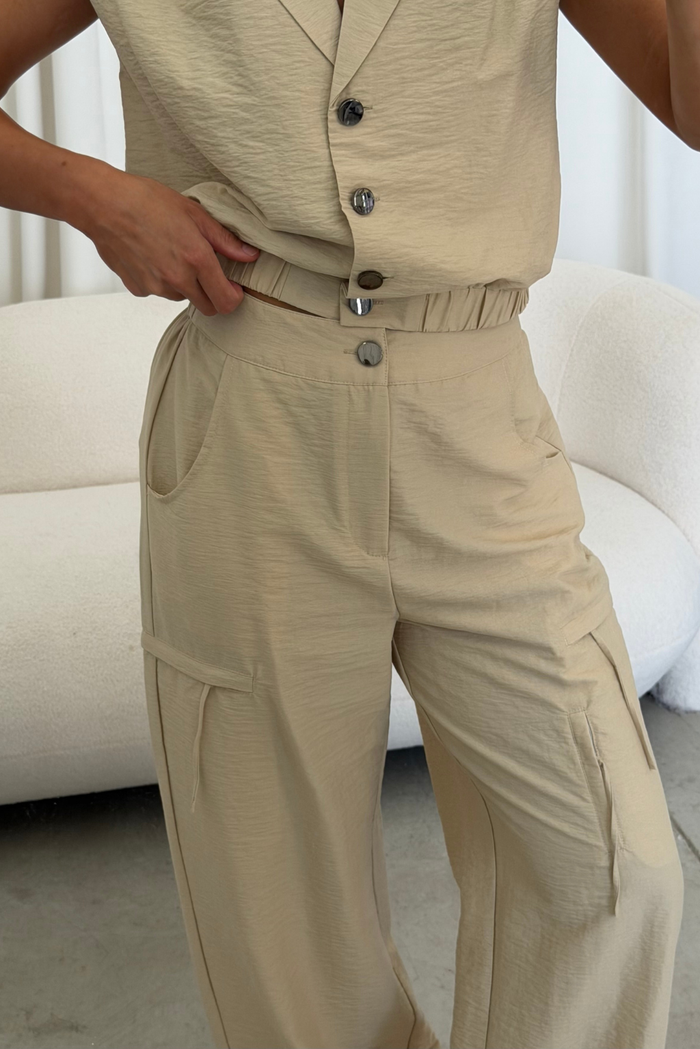 Paulette Sleeveless Crop Tailor Jacket and Cargo Balloon Pants Set in Beige *Final Sale*