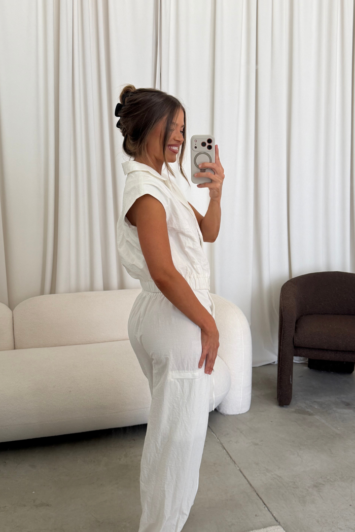 Paulette Sleeveless Crop Tailor Jacket and Cargo Balloon Pants Set in White *Final Sale*