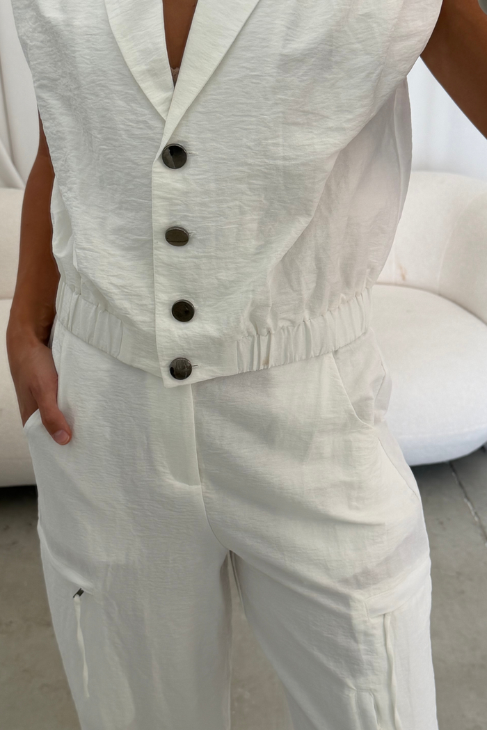 Paulette Sleeveless Crop Tailor Jacket and Cargo Balloon Pants Set in White *Final Sale*