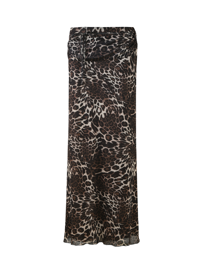 The PEARL MAXI SKIRT - MULTI : LEOPARD by TIGERMIST features a long, straight-cut silhouette in brown and black leopard print, with sheer lightweight fabric and a gathered waistband for an elegant look.