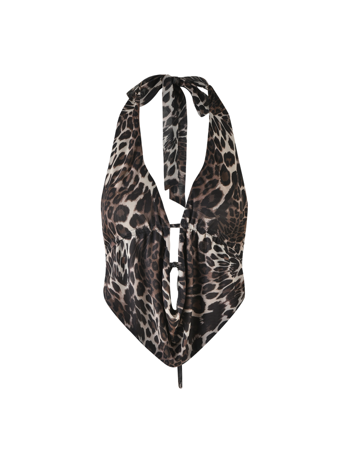 The PEARL TOP - MULTI : LEOPARD by TIGERMIST is a sleeveless, high-stretch crop top with a plunging halter neckline, tie neck, front cutout detail, and bold brown and black leopard print.