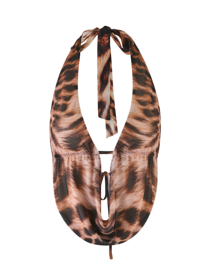 The PEARL TOP - NEUTRAL from TIGERMIST showcases a leopard-print halter bikini top with a tied neck strap, presented in the bold and captivating Leopard Haze colorway of rich brown and black hues.