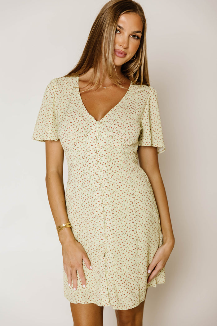 Penelope Ditsy Floral Mini Dress in Tea Green