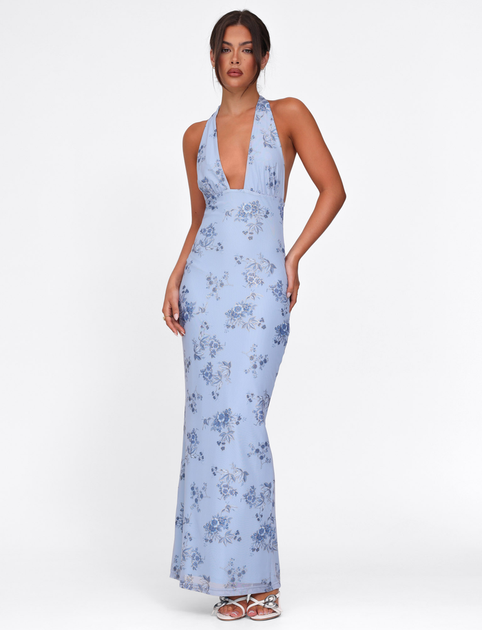 A woman models the TIGERMIST PHAEDRA MAXI DRESS in blue floral, featuring a sleeveless design, deep V-neckline, and metallic foil detail, standing against a plain white background.