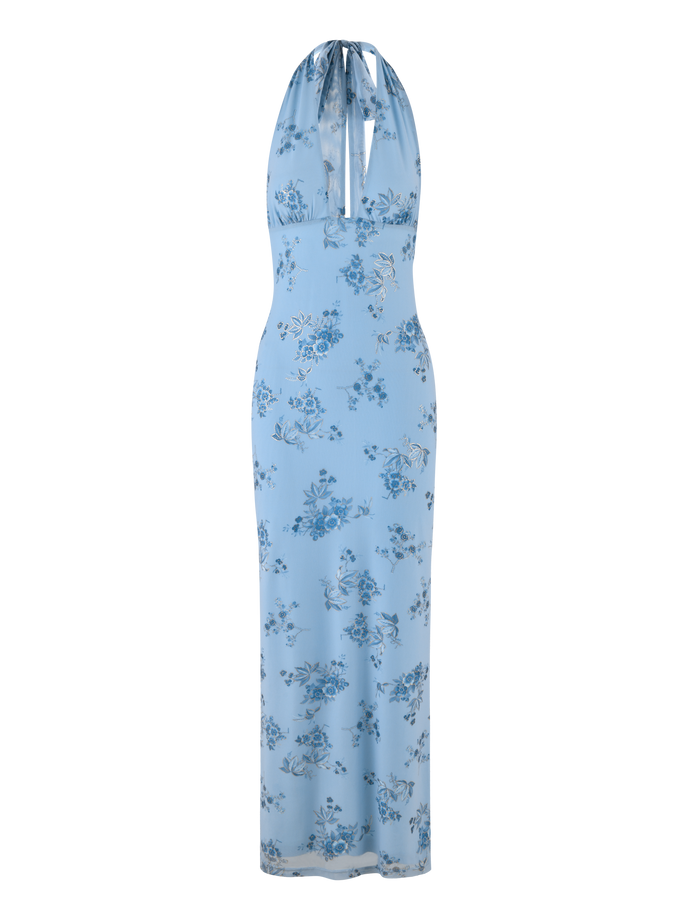 The TIGERMIST PHAEDRA MAXI DRESS in blue floral features a fitted bodice, halter neck, and flowy maxi silhouette with darker blue floral prints for an elegant look.