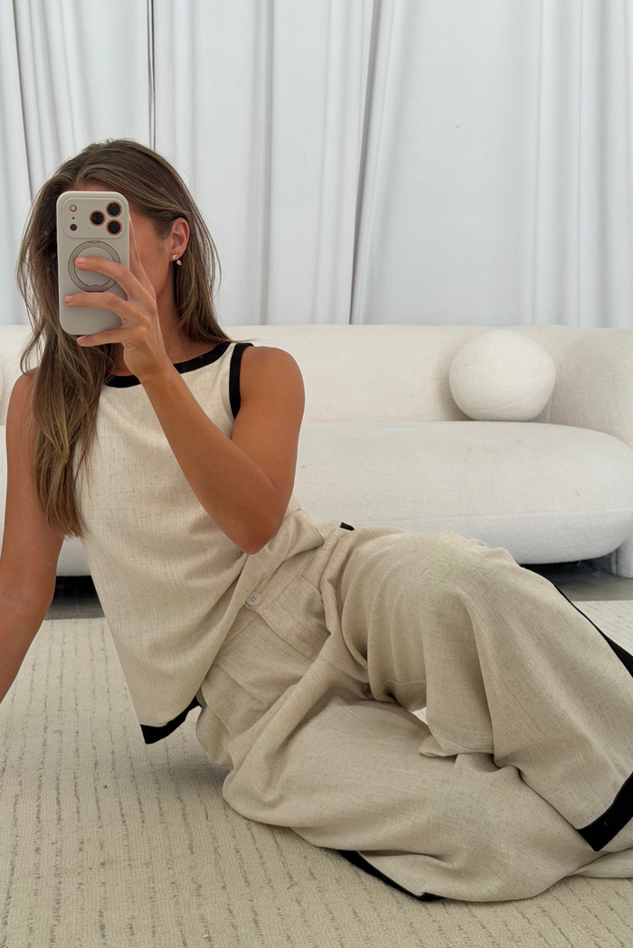 Phoebe Contrast Edge Sleeveless Top and Wide Leg Pants Set in Natural/Black