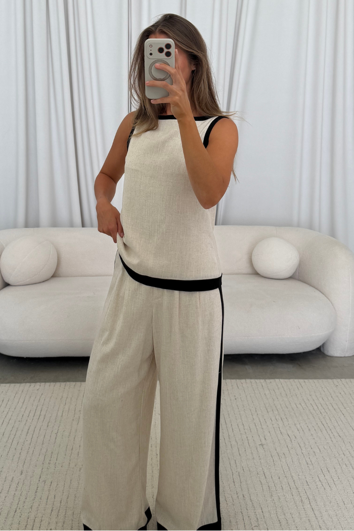 Phoebe Contrast Edge Sleeveless Top and Wide Leg Pants Set in Natural/Black