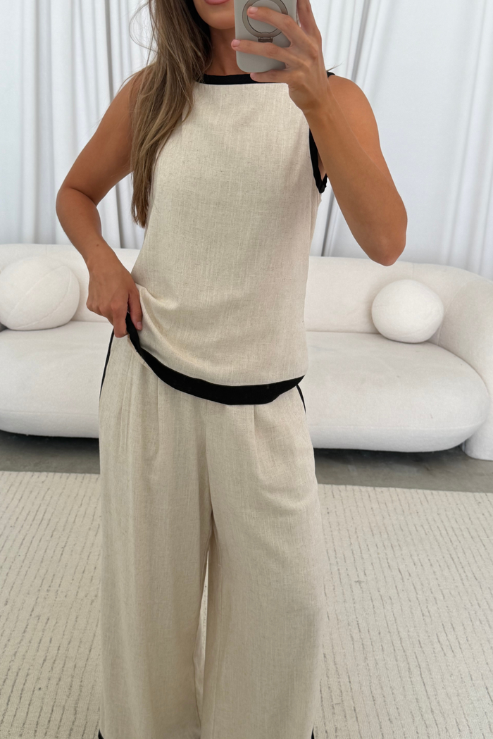 Phoebe Contrast Edge Sleeveless Top and Wide Leg Pants Set in Natural/Black