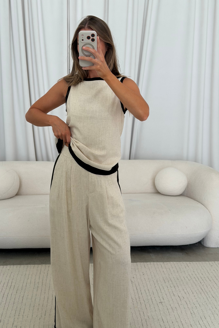Phoebe Contrast Edge Sleeveless Top and Wide Leg Pants Set in Natural/Black