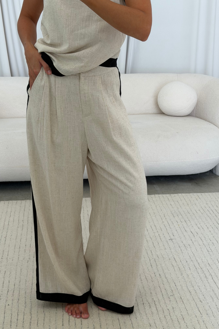 Phoebe Contrast Edge Sleeveless Top and Wide Leg Pants Set in Natural/Black