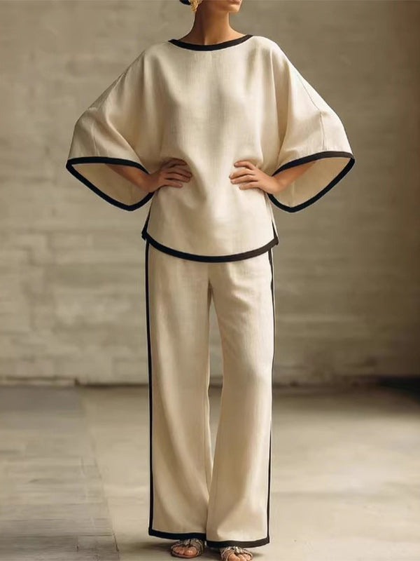 Piping Batwing-Sleeve Top & Pants Set
