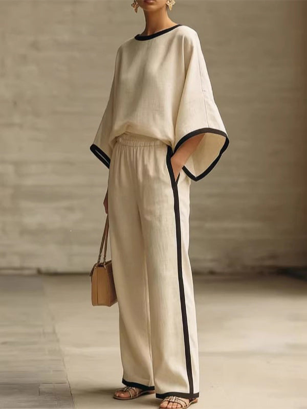Piping Batwing-Sleeve Top & Pants Set