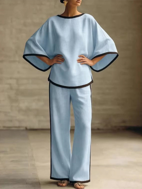 Piping Batwing-Sleeve Top & Pants Set