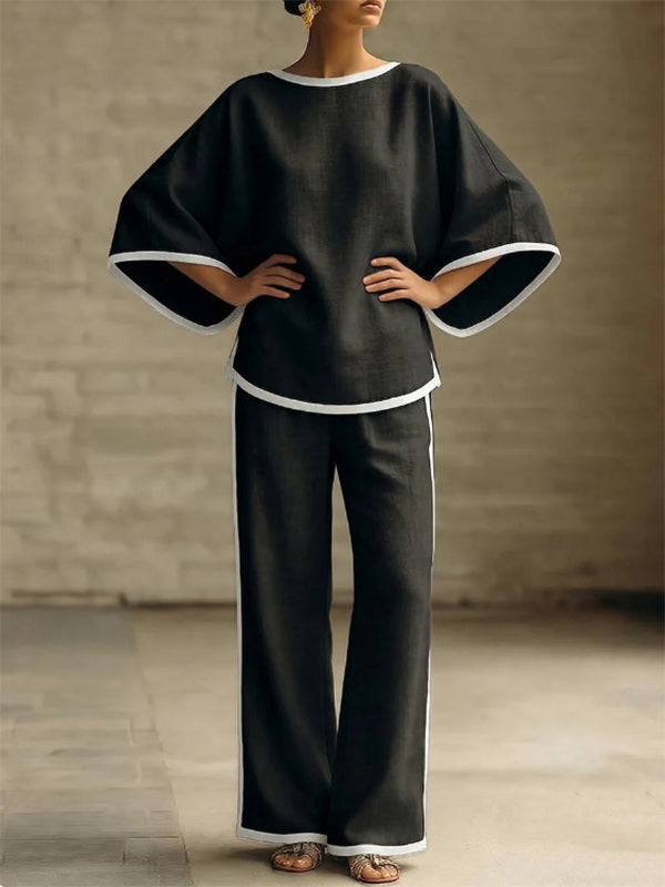 Piping Batwing-Sleeve Top & Pants Set