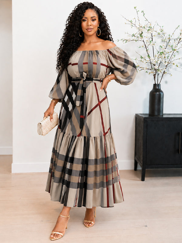 Plaid Off-Shoulder Tied Dress