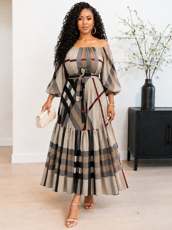 Plaid Off-Shoulder Tied Dress