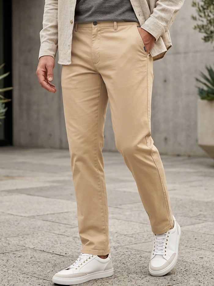 Plus Men's Beige Cotton Regular Fit Casual Chinos Trousers Stretch