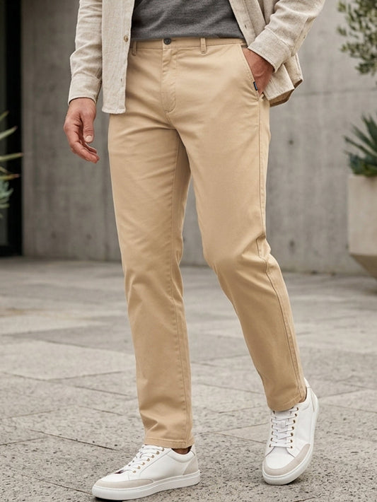 Plus Men's Beige Cotton Regular Fit Casual Chinos Trousers Stretch