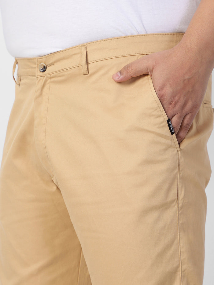 Plus Men's Beige Cotton Regular Fit Casual Chinos Trousers Stretch