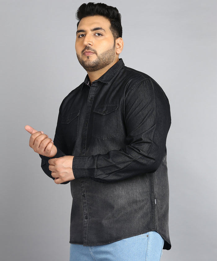 Plus Men's Black Denim Full Sleeve Regular Fit Washed Casual Shirt