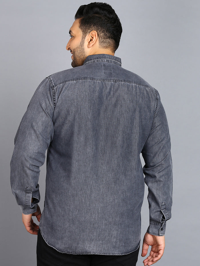 Plus Men's Black Denim Full Sleeve Regular Fit Washed Casual Shirt