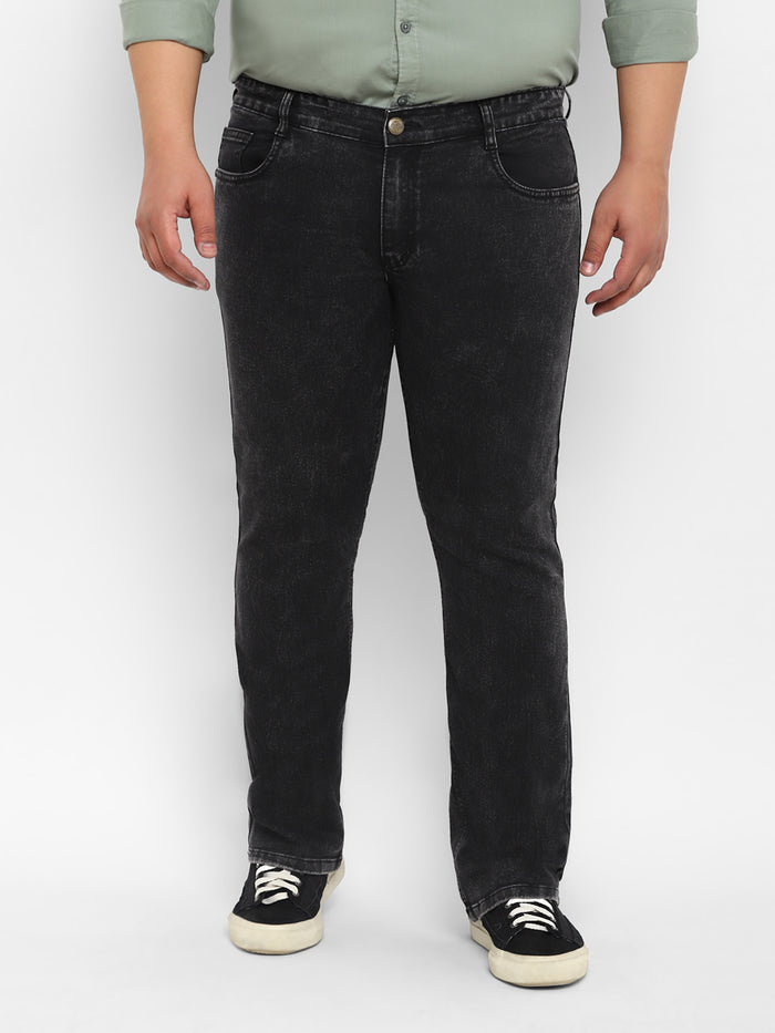 Plus Men's Black Regular Fit Washed Denim Bootcut Jeans Stretchable