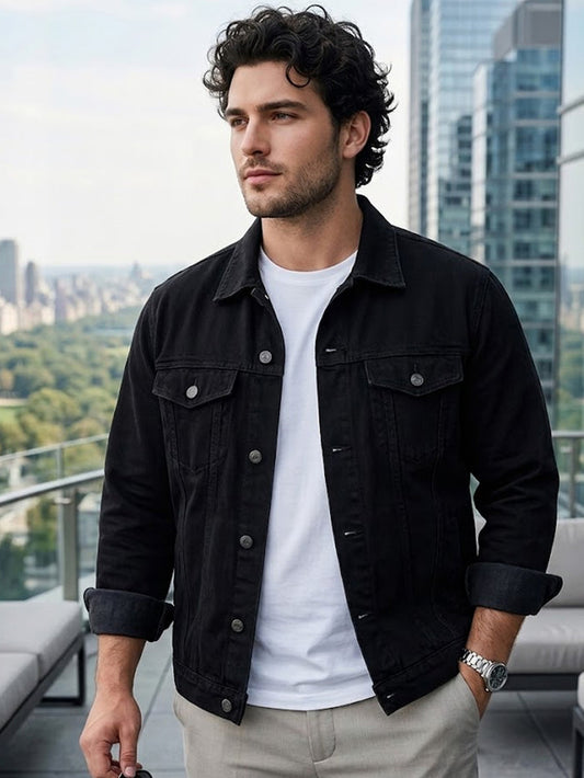 Plus Men's Black Regular Fit Washed Full Sleeve Denim Jacket