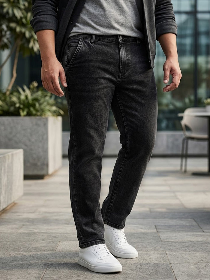 Plus Men's Black Regular Fit Washed Jeans Stretchable