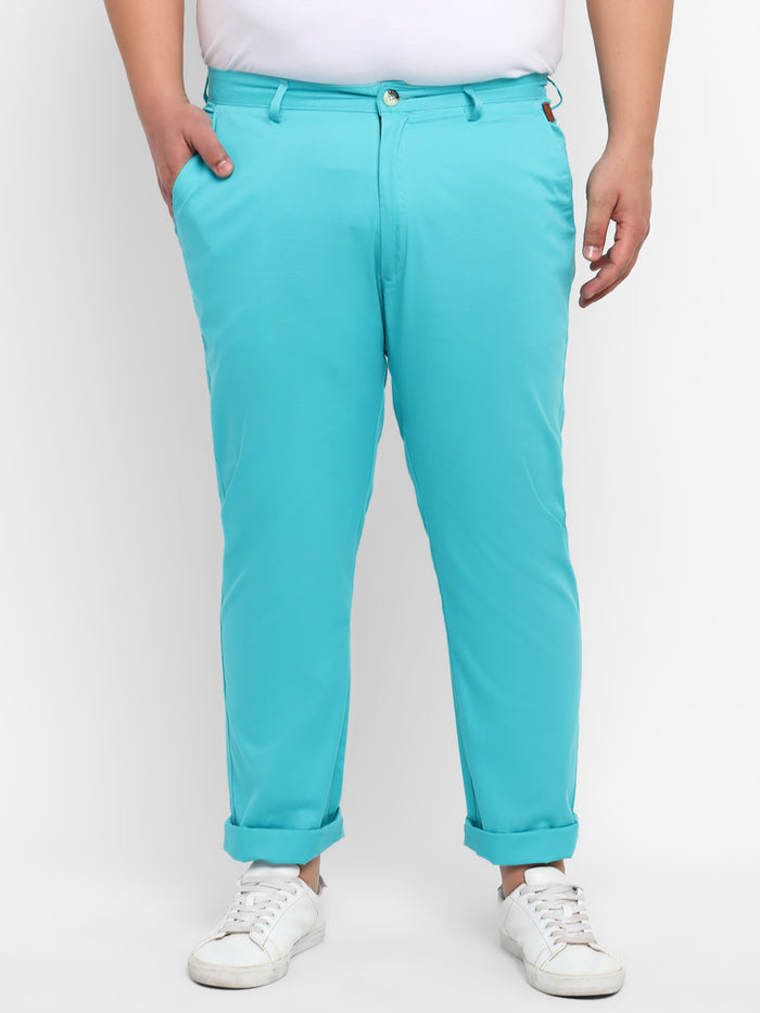 Plus Men's Blue Cotton Regular Fit Casual Chinos Trousers