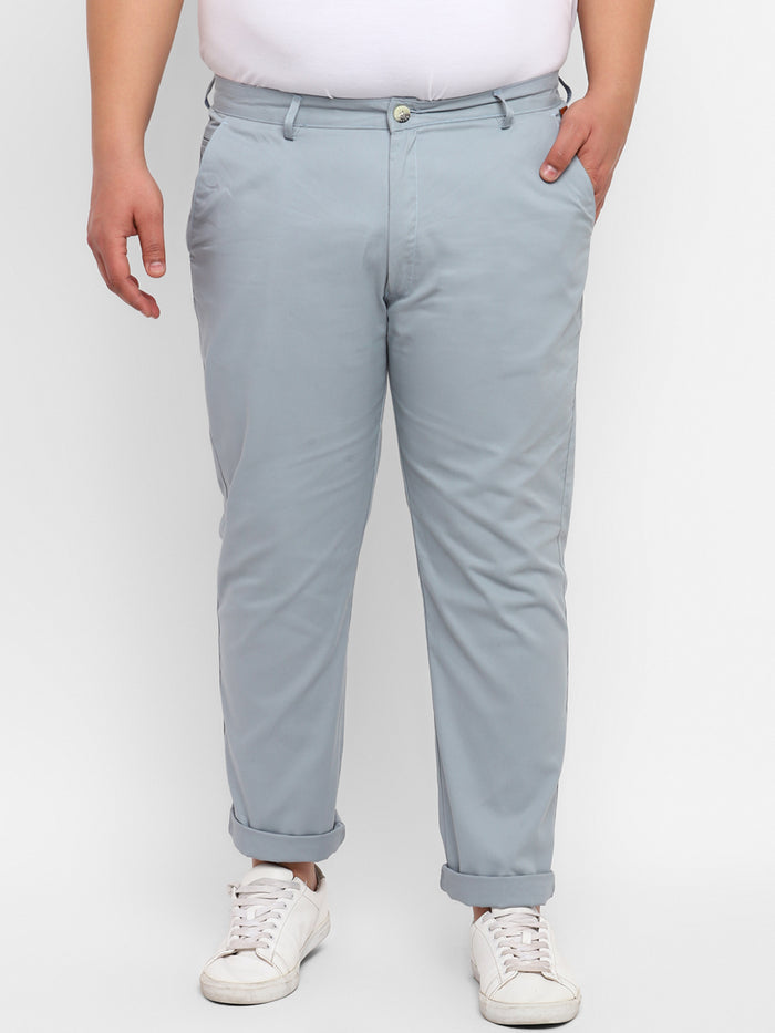 Plus Men's Blue Cotton Regular Fit Casual Chinos Trousers