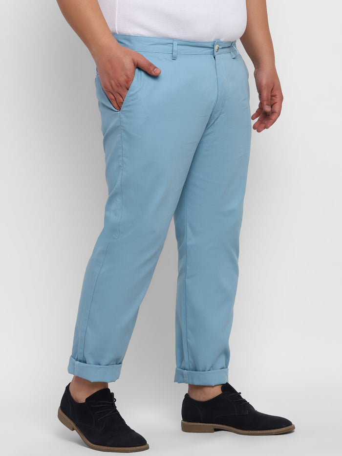 Plus Men's Blue Cotton Regular Fit Casual Chinos Trousers