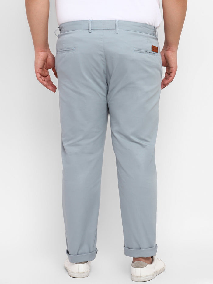 Plus Men's Blue Cotton Regular Fit Casual Chinos Trousers