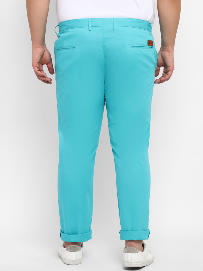 Plus Men's Blue Cotton Regular Fit Casual Chinos Trousers