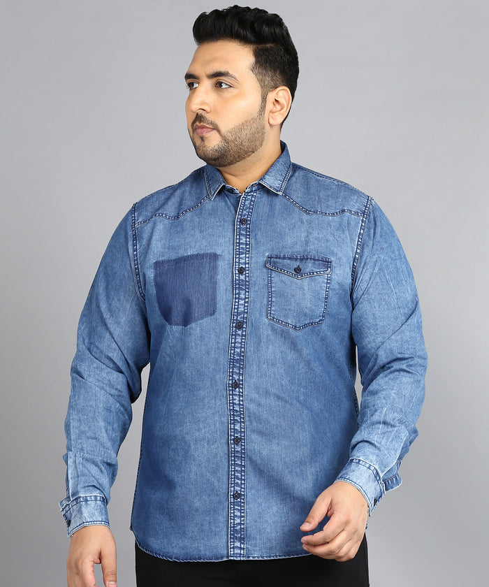 Plus Men's Blue Denim Full Sleeve Regular Fit Washed Casual Shirt