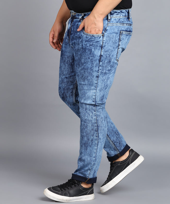 Plus Men's Blue Regular Fit Washed Jeans Stretchable