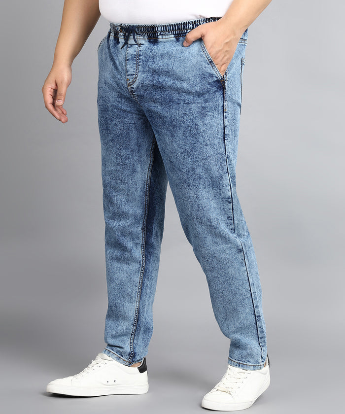 Plus Men's Blue Regular Fit Washed Jogger Jeans Stretchable