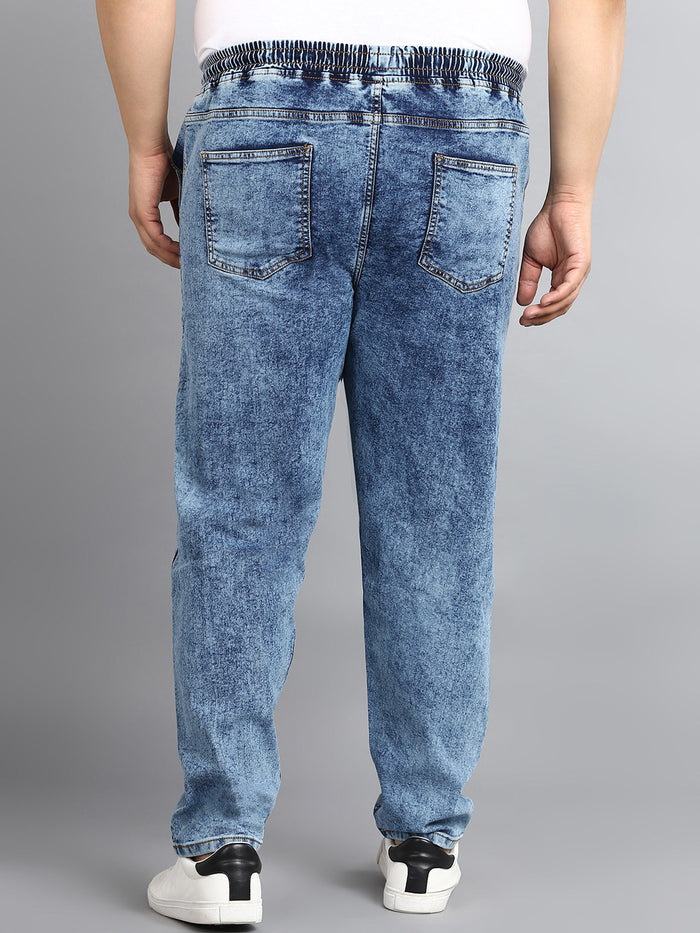 Plus Men's Blue Regular Fit Washed Jogger Jeans Stretchable