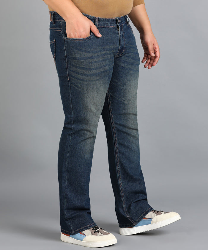 Plus Men's Blue Washed Bootcut Jeans Stretchable
