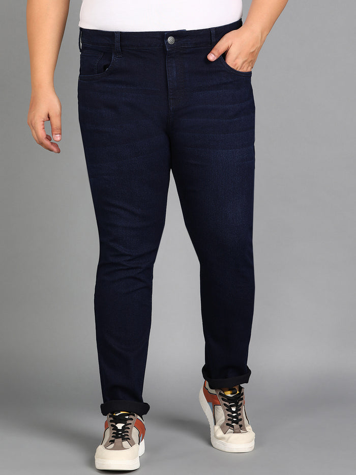 Plus Men's Carbon Blue Regular Fit Washed Jeans Stretchable