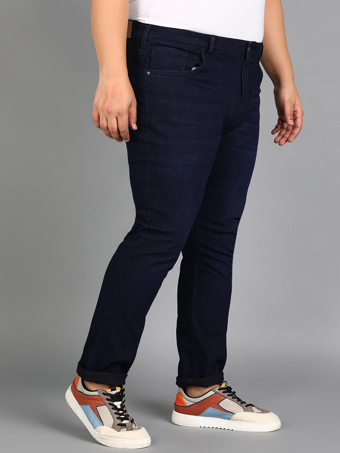 Plus Men's Carbon Blue Regular Fit Washed Jeans Stretchable